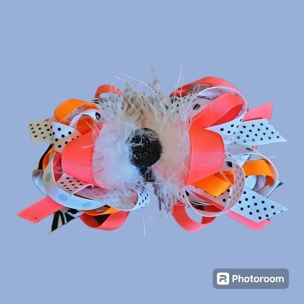 3/$30 HANDMADE Polka Dot Feather Ribbon Gem Coquette Bow Hair Barrette